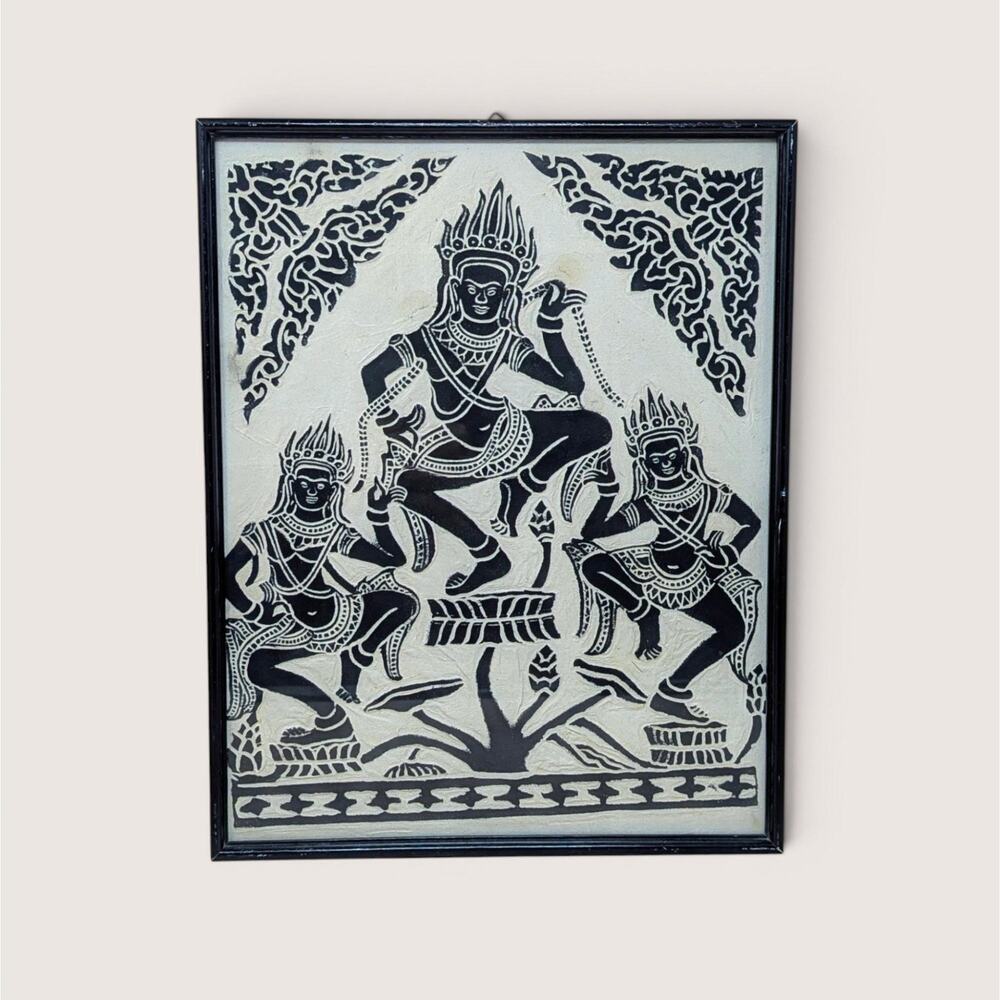 Vintage Framed Rice Paper Rubbing Apsara Dancers Cambodia Angkor Wat Wall Art